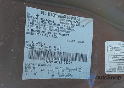 2000 Ford Taurus Ses из США, поврежденный, VIN 1FAFP55U5YA122329